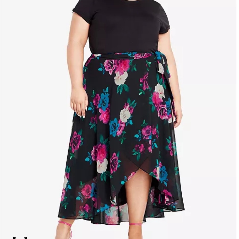 City Chic Chiffon Dark Floral Wrap Skirt Black, Pink, Blue City Chic XL=Sz 22